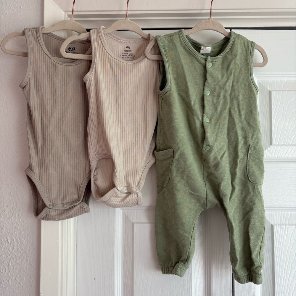H&M 6-9 baby bundle | green jumpsuit + neutral organic cotton ribbed bodysuits